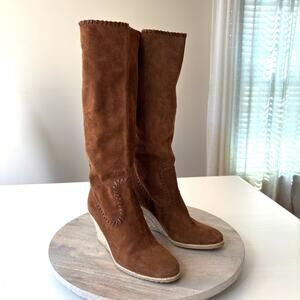 Donald J Pliner Suede Wedge Knee Boots Women's Size 6.5 Brown Espadrille Heel
